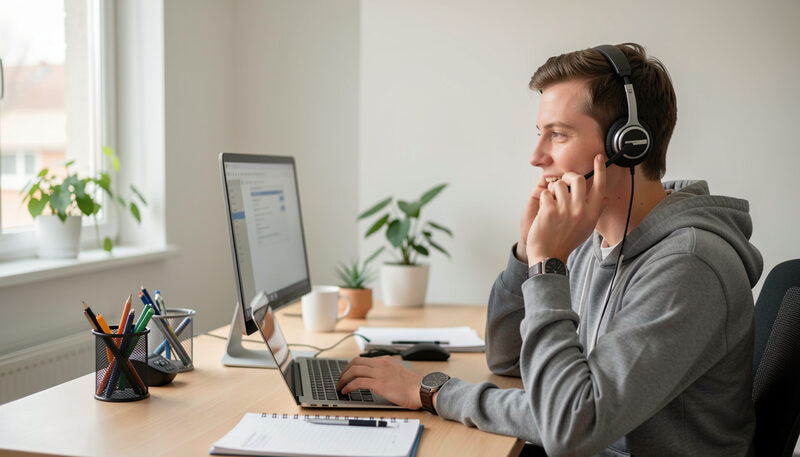 Un technicien au casque qui répond au téléphone devant deux écrans
